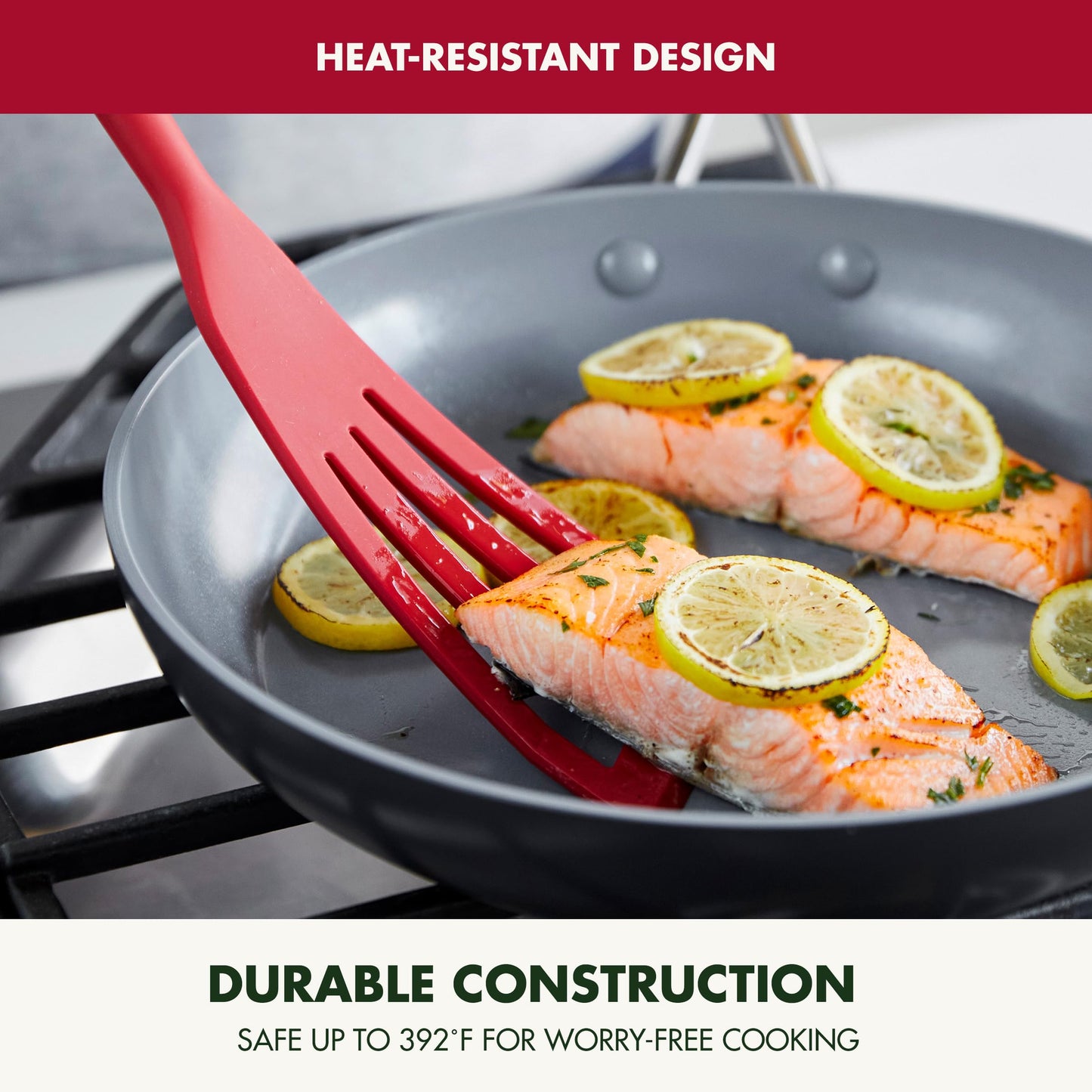 GreenPan Silicone Fish Turner Spatula, Slotted Cooking Kitchen Utensil, Flexible Rubber Nonstick Cookware, Rigid Steel Core, Heat-Resistant, Anti-Slip Handle, BPA-Free, Dishwasher Safe, Red