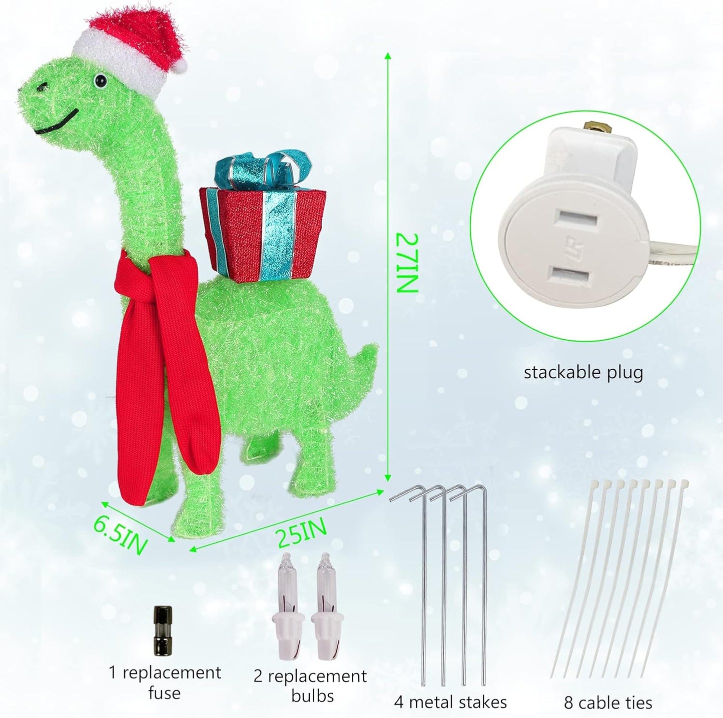 WATERGLIDE 27-Inch Lighted Christmas Dinosaur | Pre-Lit 3D Brachiosaurus Yard Decor with Gift Box