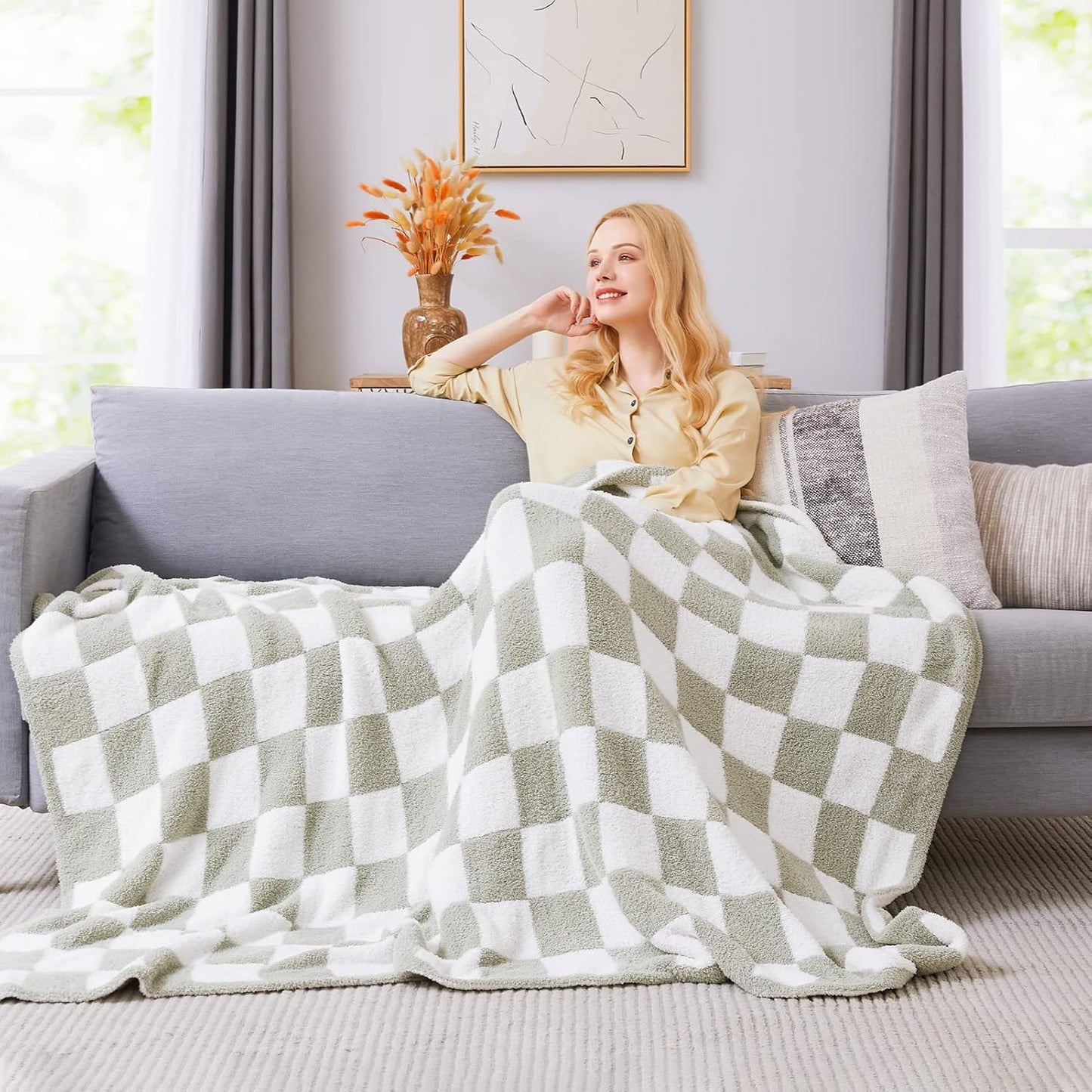 WRENSONGE Checkered Throw Blanket - Sage Green Cozy Soft Handmade Blanket for Couch & Travel
