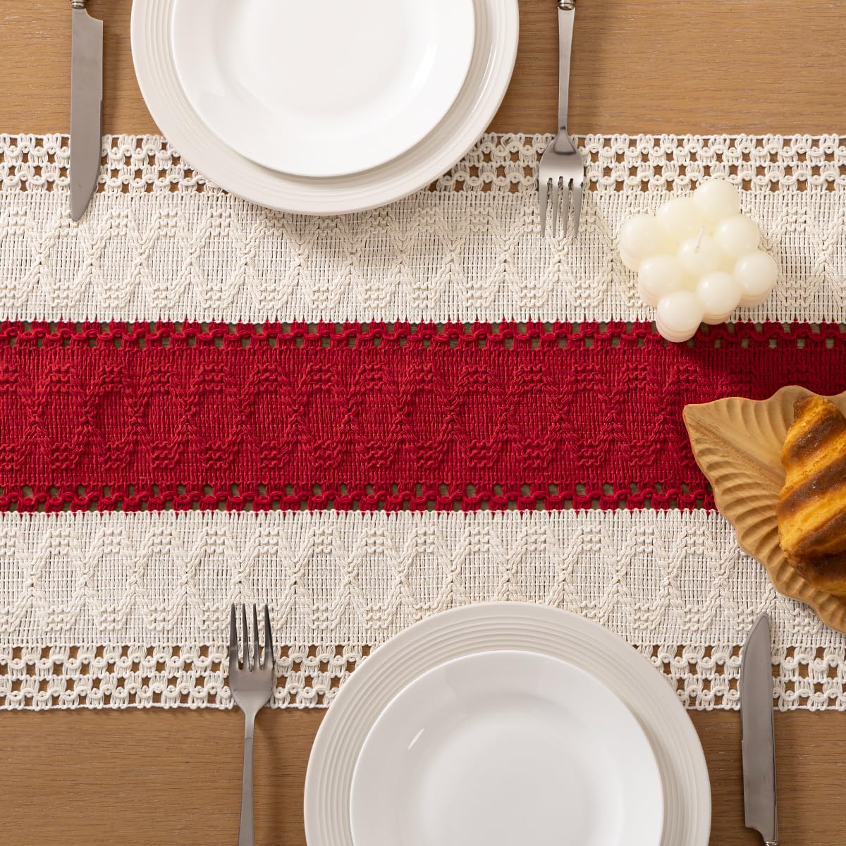 Socomi Boho Table Runner Easter Spring Farmhouse Rustic Dining Kitchen Centerpiece Decor Small Macrame Woven Cotton Linen Coffee Table Runner for Dresser Scarf Home Decor 12x48 in Red Ivory