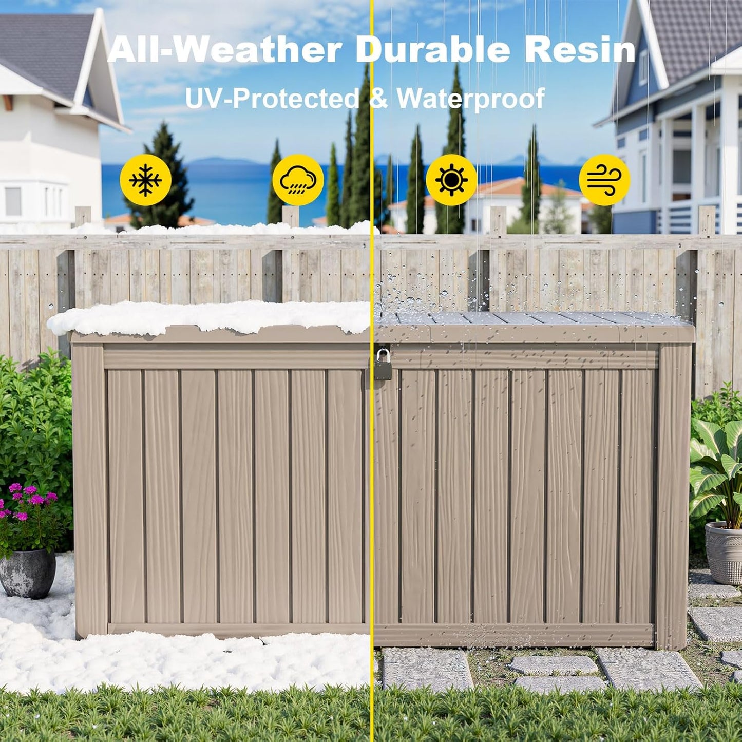 Regine Switzerland 150 Gallon Outdoor Storage Box - Waterproof Resin Deck Box with Lockable Lid for Tools & Garden Organization
