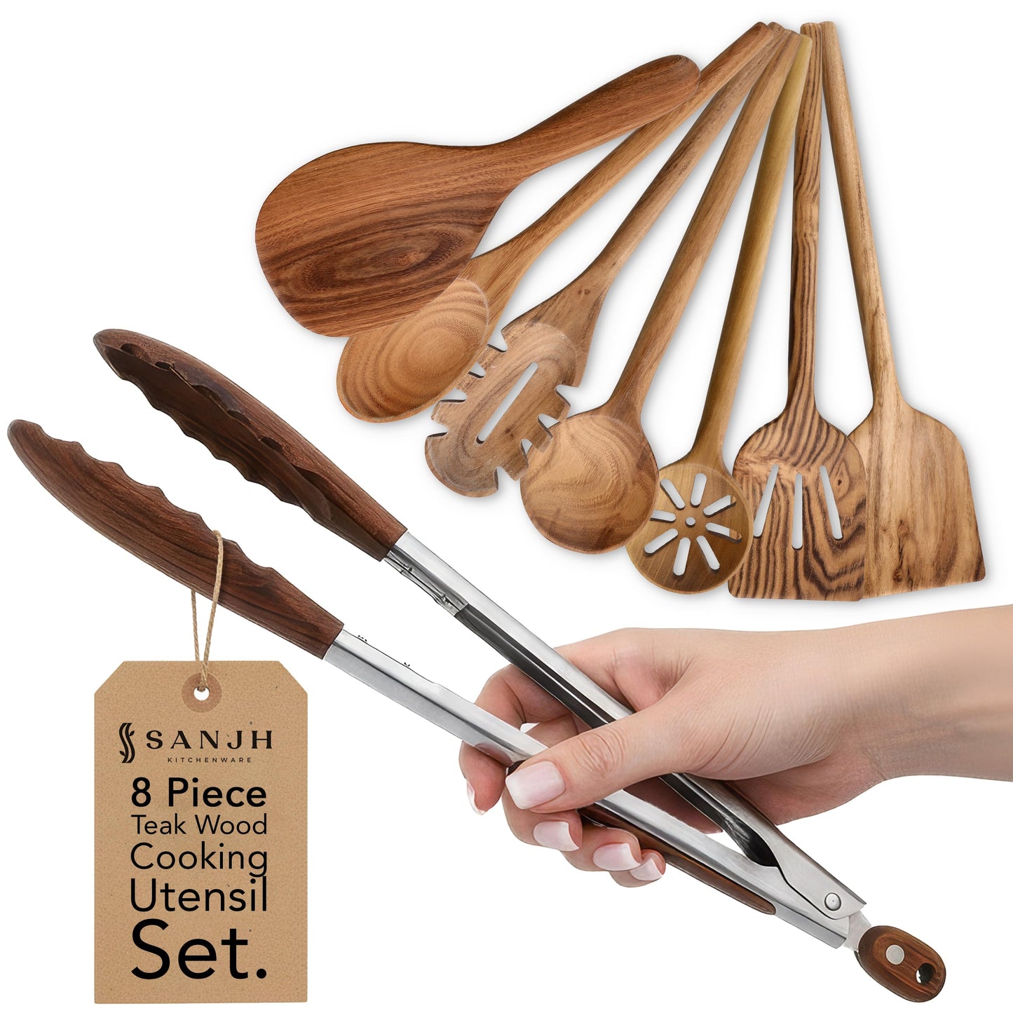 8 Piece Teak Wooden Cooking Spoons Set – Wooden Utensil Set with Spatula Scraper Pasta Spoon Rice Paddle Tongs for Everyday Cooking, Smooth Sanded Finish, Comfortable Grip Handles, Gentle on Cookware