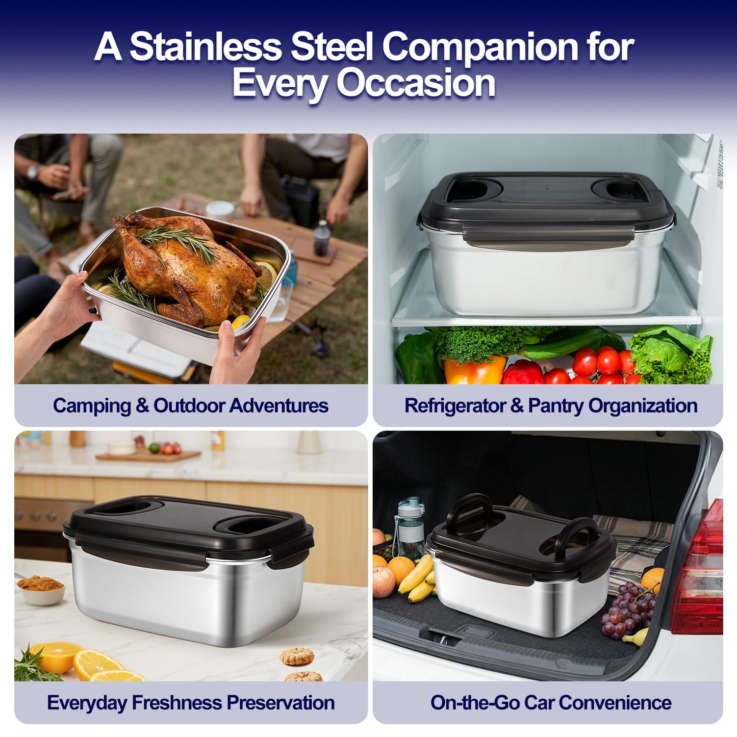 QCQHDU Stainless Steel Food Storage Containers, 7500 ML/ 254 oz / 32 Cup Large Food Storage Meal Prep Containers with Airtight Lids for Roasting Turkey, Chicken, Baking Casserole, Fruits, Party