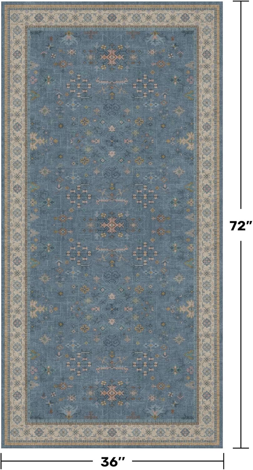 Washable 3x6 Throw Rug by [Brand Name] - Blue Indoor Rug for Kitchen, Entryway, Bedroom | Non-Slip, Low Pile, Fade Resistant