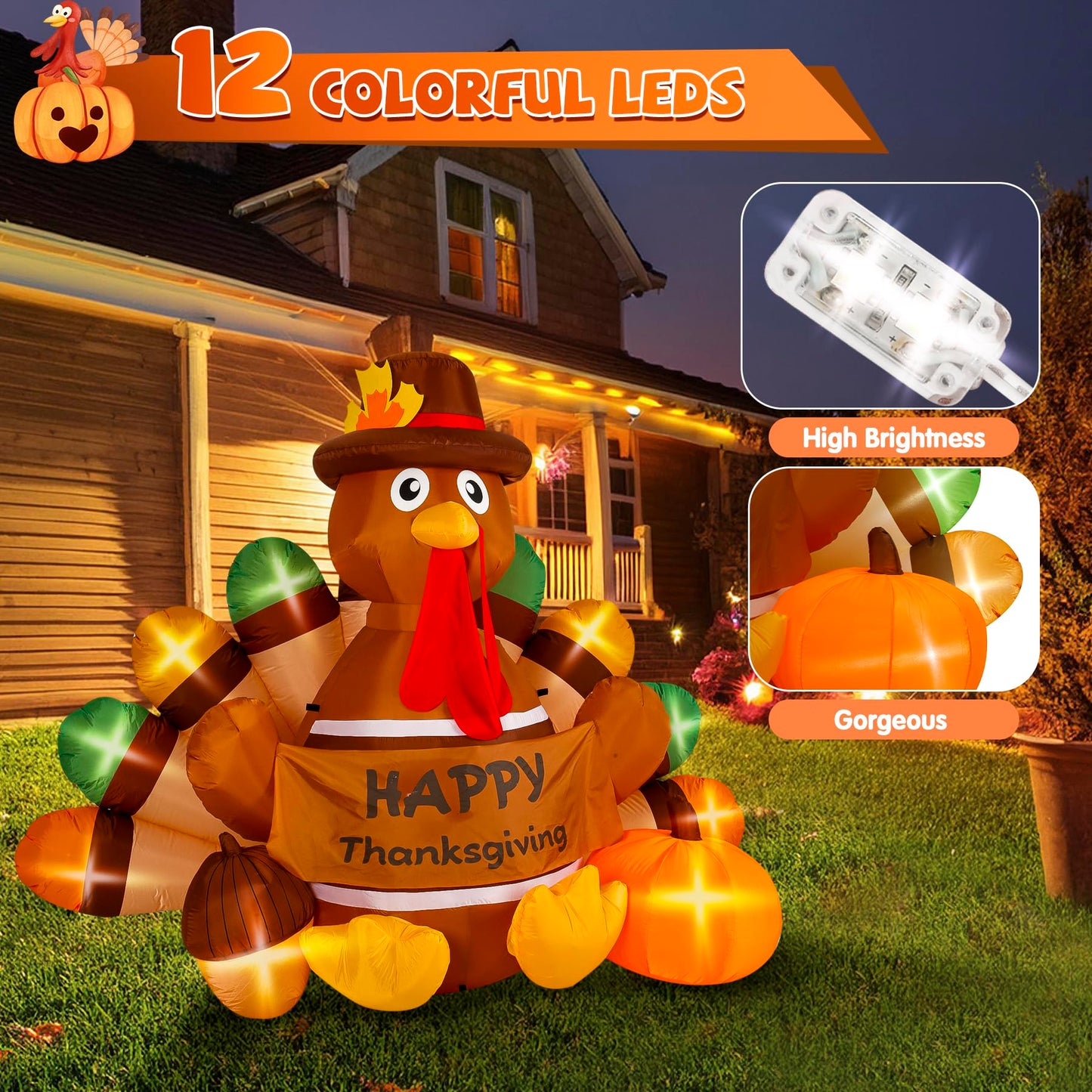 Loninak 6 Ft Thanksgiving Inflatable Decoration, Happy Thanksgiving Turkey Built-in LED Lights, Outdoor Blow Up Yard Fun Decor, for 2025 Halloween Lawn Decor