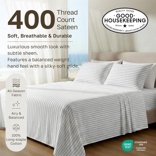 California Design Den Cal King Bed Sheets Set - 400 TC Award-Winning Soft Cotton, Smooth Sateen Finish, Deep Pockets - Pinstripe