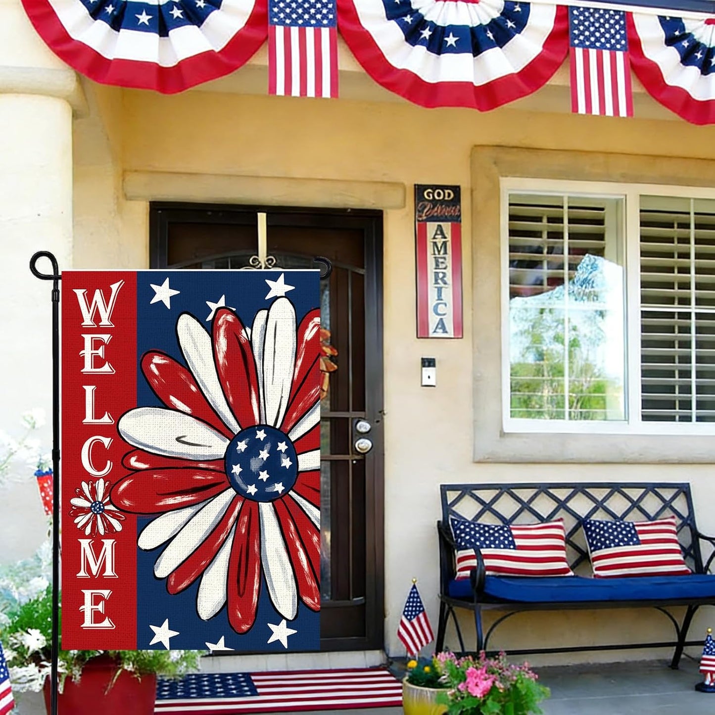 Patriotic 4th of July Garden Flag by [Brand Name] - Double-Sided 12x18 Inch Floral Design for Outdoor Decor