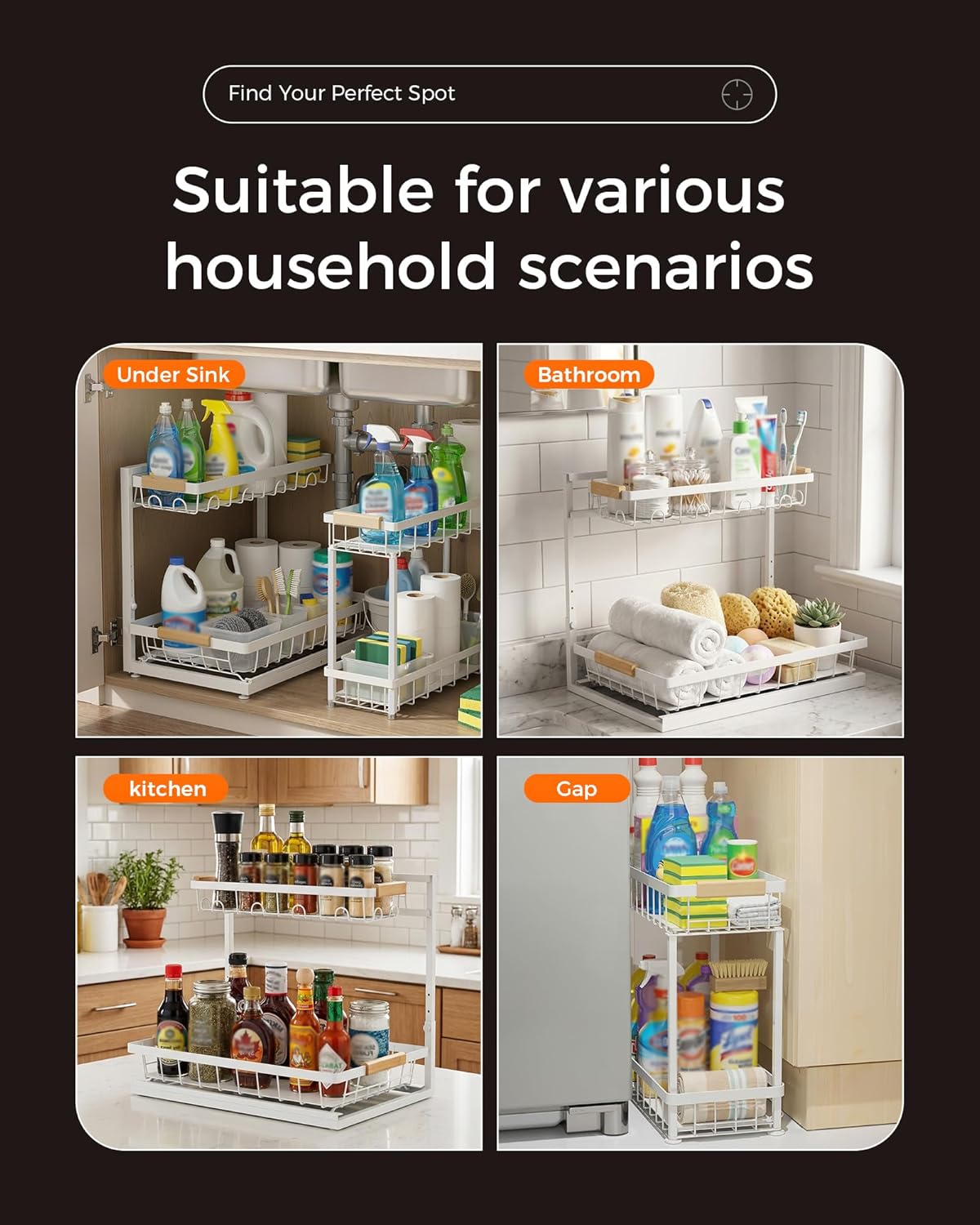 Sevenblue Under Sink Organizer - Multi-Purpose 2-Tier Pull-Out Storage Shelves | Height Adjustable (White)