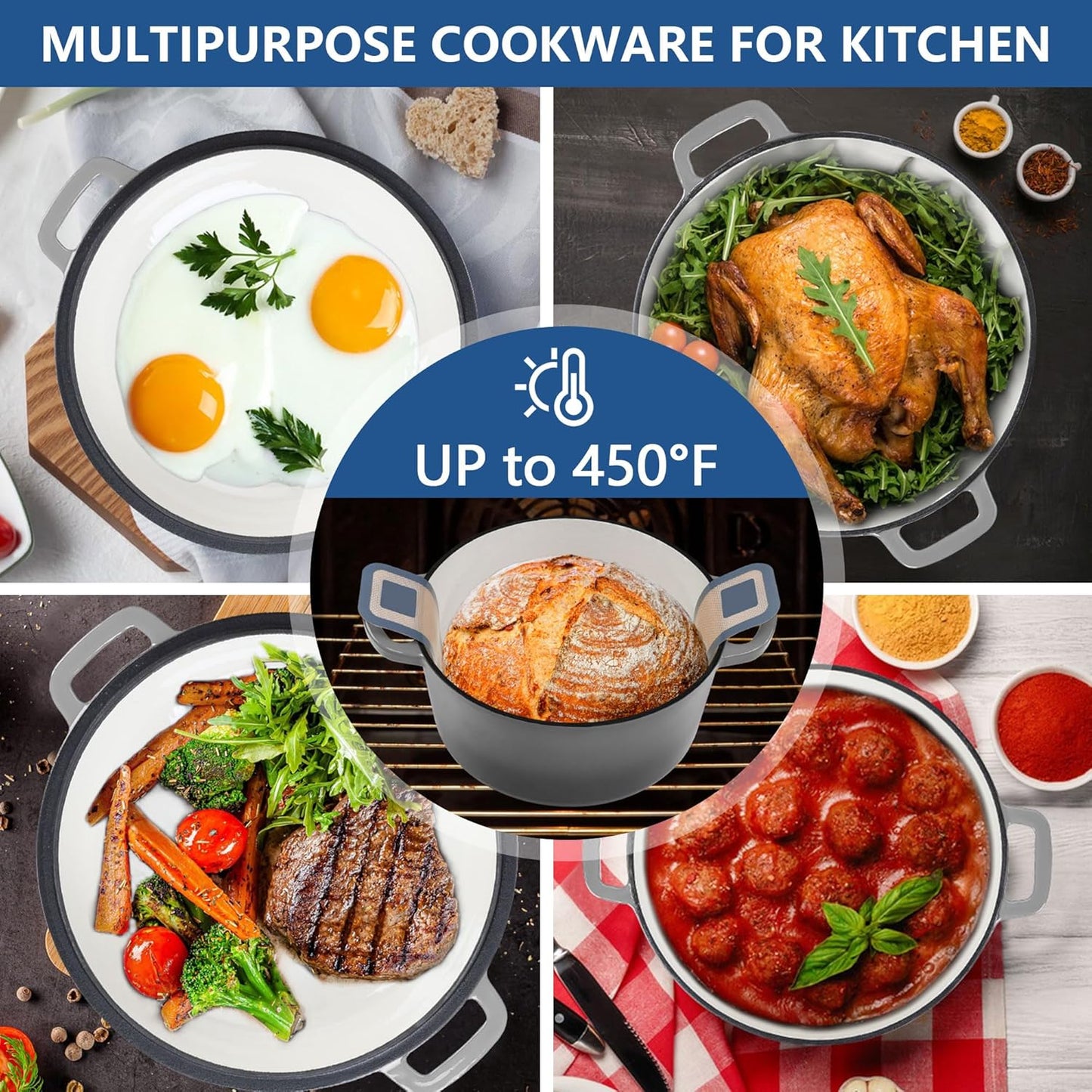 E-far 5 Quart Enameled Cast Iron Dutch Oven, 2 in 1 Dutch Oven Pot with Skillet Lid and Silicone Bread Sling, Ideal for Bread Baking, Cooking, Stewing, Frying, Induction & Oven Safe - Red