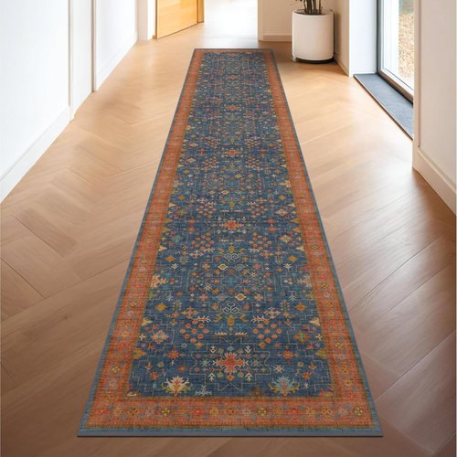 Hazo Haus Navy Blue Washable Hallway Runner Rug - 10 ft Non-Slip, Fade & Stain Resistant | Dark Boho Geometric Decor