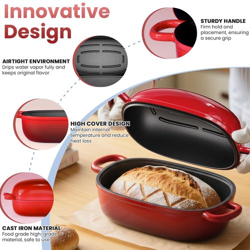 Cast Iron Dutch Bread Oven - 2.5QT Dutch Oven for Sourdough Bread Baking, Cast Iron Bread Loaf Pan with Lid, Easy Homemade Sourdough Dutch Oven, Blue Oval Bread Baking Pan, Gift for Family & Baker，Red