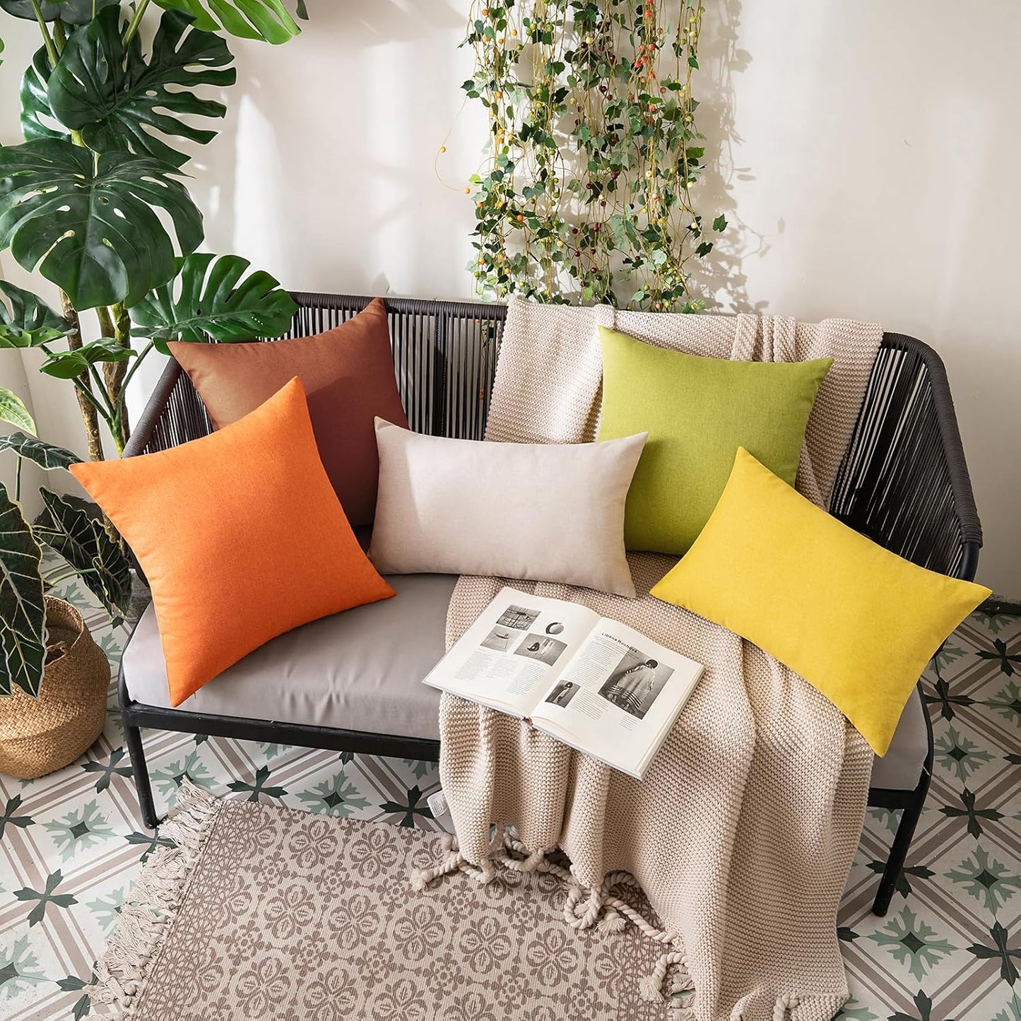 MIULEE Decorative Outdoor Throw Pillow Covers - Waterproof Faux Linen Cushion Cases | 12x12 Inch Orange (Pack of 2)
