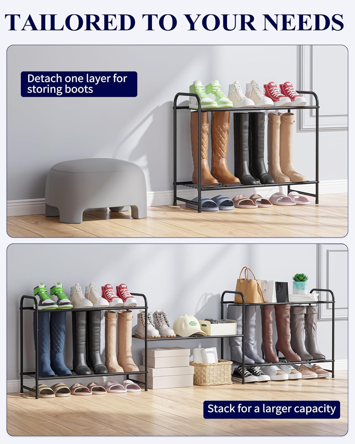 Kitsure Shoe Rack - Sturdy Stainless Steel Organizer for Closet & Entrance | 3-Tier, 25.6" Wide, Black