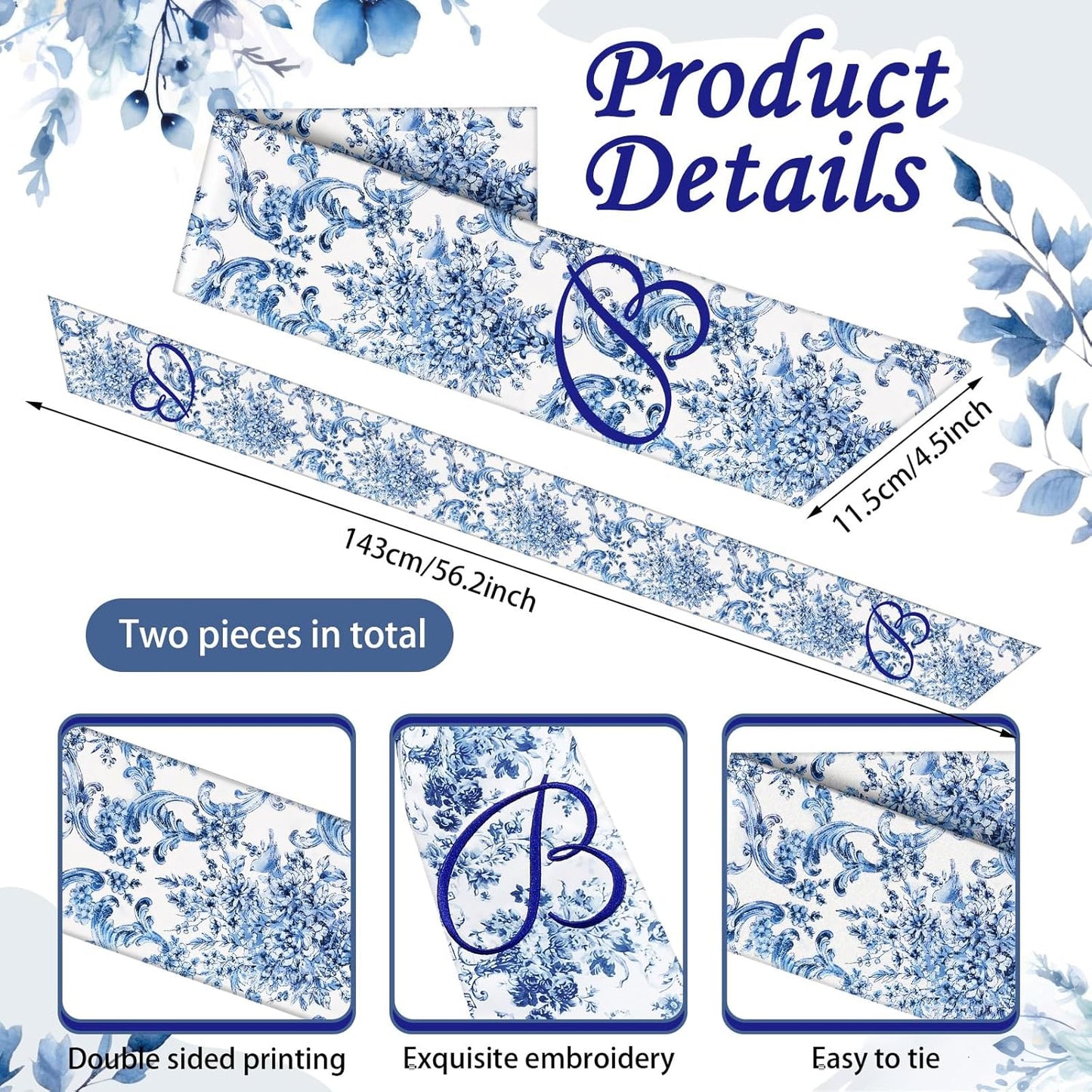 Mindsoft Monogram Wreath Sashes - Embroidered Letter B Design | 56.2 Inch Blue & White Door Decor