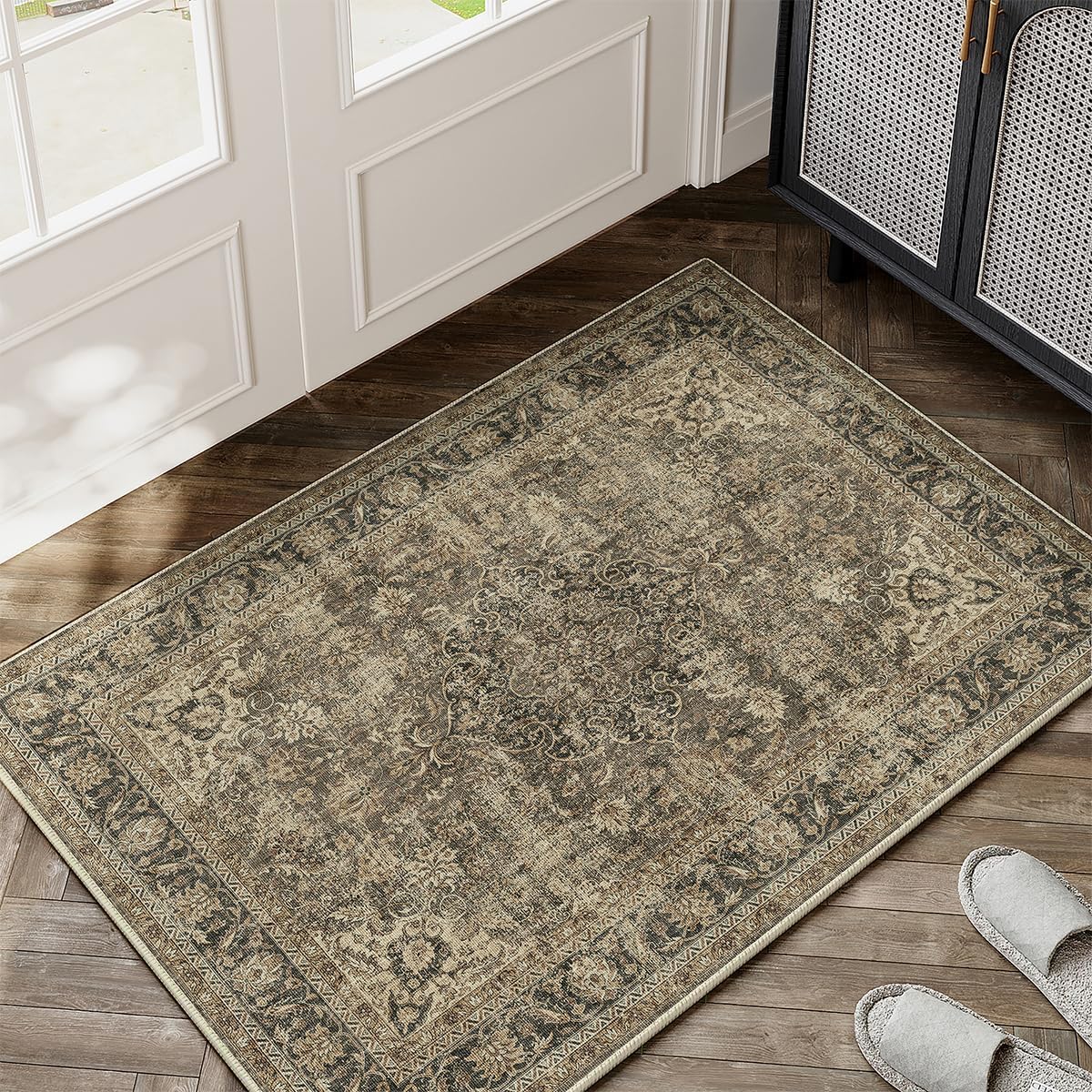 Skiennix 2x3 Washable Area Rug - Vintage Brown Non-Slip Soft Low Pile for Entryway & Kitchen