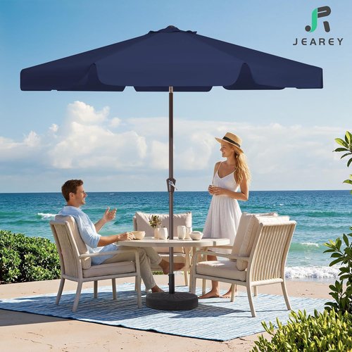 JEAREY 9 FT Patio Umbrella - Outdoor Market Umbrella with Push Button Tilt & Crank - Navy Blue