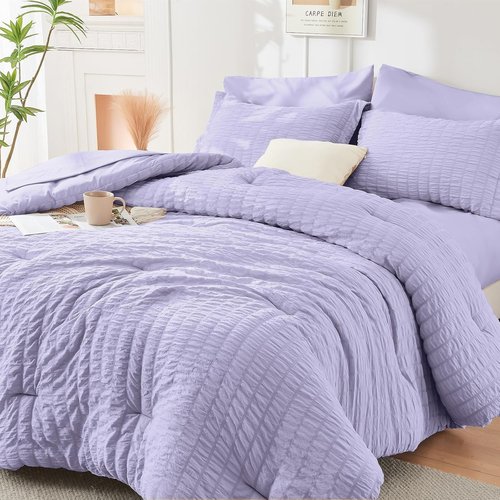 HYMOKEGE Queen Comforter Set - Light Purple Seersucker 7-Piece Luxury Bedding Set for All Seasons