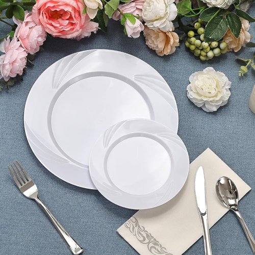 Elegant 350-Piece White Swirls Plastic Dinnerware Set by [Brand Name] | Perfect for 50 Guests, Weddings & Parties