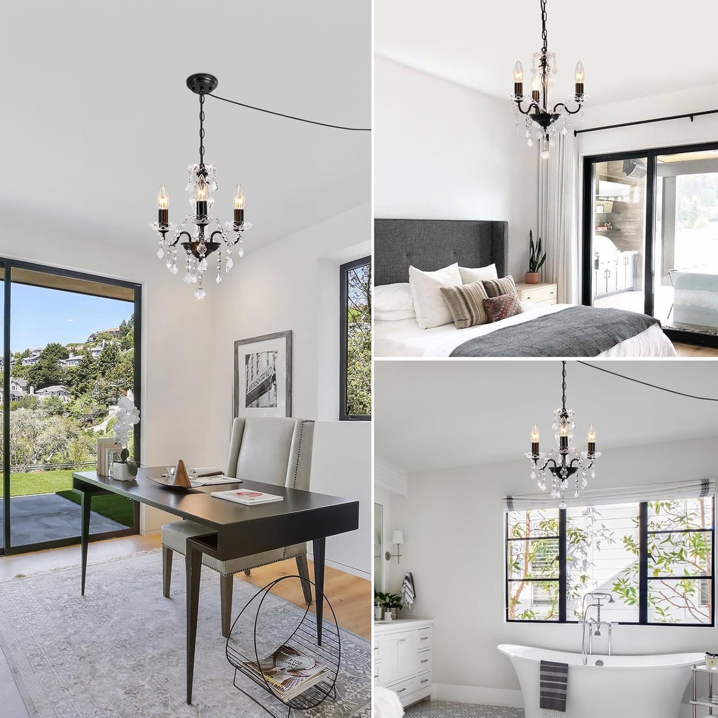 Plug in Modern 3-Light Gold Chandelier with Glass Crystals, Candle Style Pendant Light Fixtures for Living Room, Girls Room, Kitchen Island, Entryway