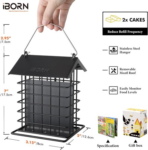 iBorn Suet Feeder - Squirrel-Proof Hanging Bird Feeder with Weatherproof Metal Roof | Black, 1 Pack