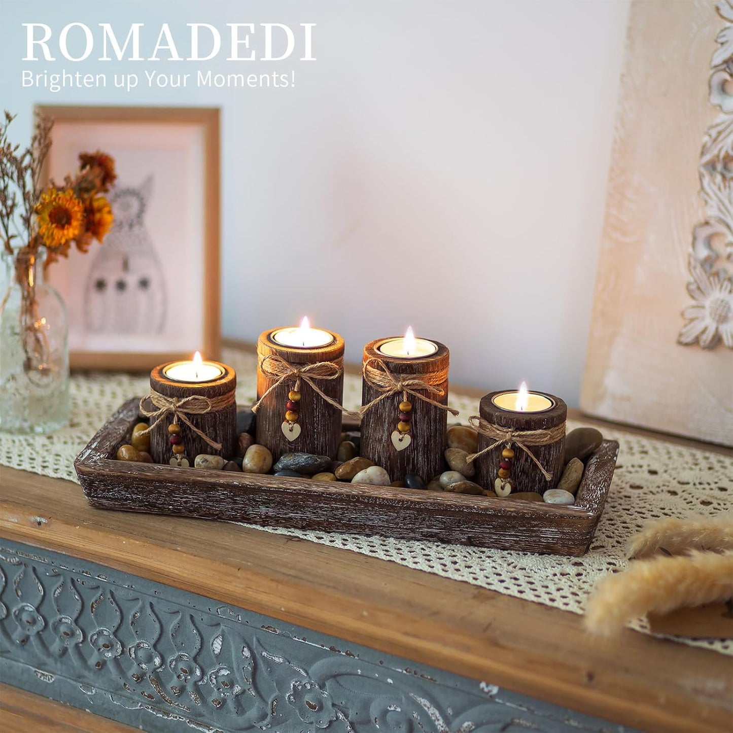 Romadedi Boho Wooden Tray Candle Holder Set - 4 Tealight Holders for Farmhouse Coffee Table Decor