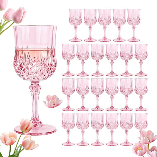 LEYIQU Plastic Wine Glasses, Plastic Goblets Vintage Style Cordial Unbreakable Drinking Glasses,Reusable Drinkware for Wedding Reception, Grand Event Party Supplies, Mother's Day(24, Pink)