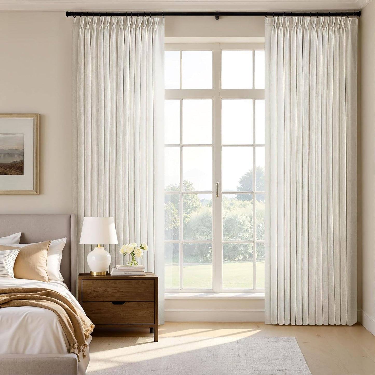 MIULEE 96-Inch Long Pinch Pleated Natural Linen Curtains - Semi-Sheer Drapes for Bedroom & Living Room