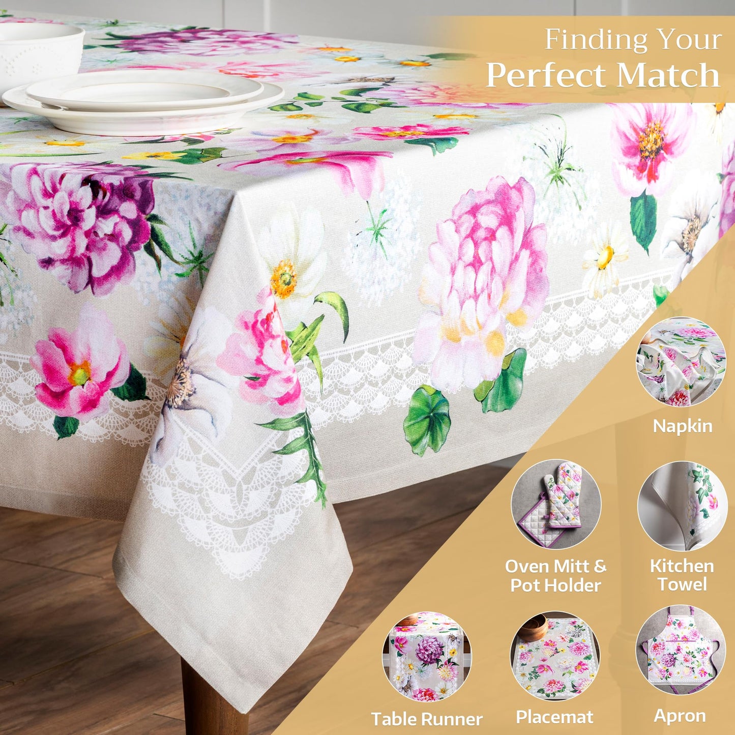 Maison d' Hermine Table Cloth Rectangle Table 100% Cotton 60 x 120 Inches Tablecloth Reusable Decorative for Dining Kitchen Room Farmhouse Home Gifts for Mothers Day Spring Summer - Pivoine