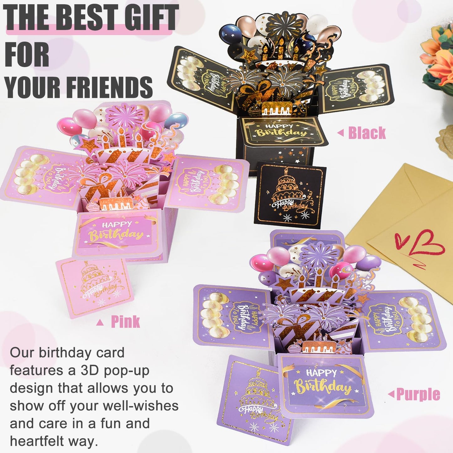 Surprise Pop Up Happy Birthday Cards, Lovely 3D Birthday Card for Adults and Kids with Envelopes, Unique Design Handmade Foldable Greeting Cards for Daughter, Son, Mom, Dad, Friend（Pink）