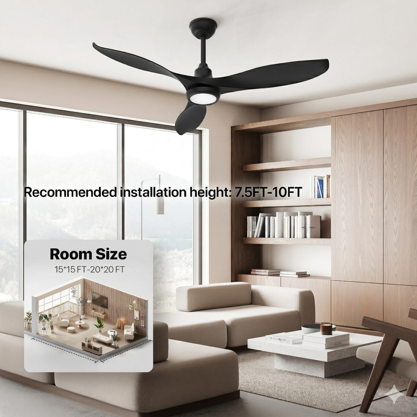Ensenior 52 Inch Smart Ceiling Fans with Lights and Remote, Control via Alexa Google Voice App, 3000K-6000K Dimmable LED 6-Speed Reversible DC Motor Black Ceiling Fan for Bedroom Living Room, 3 Blades
