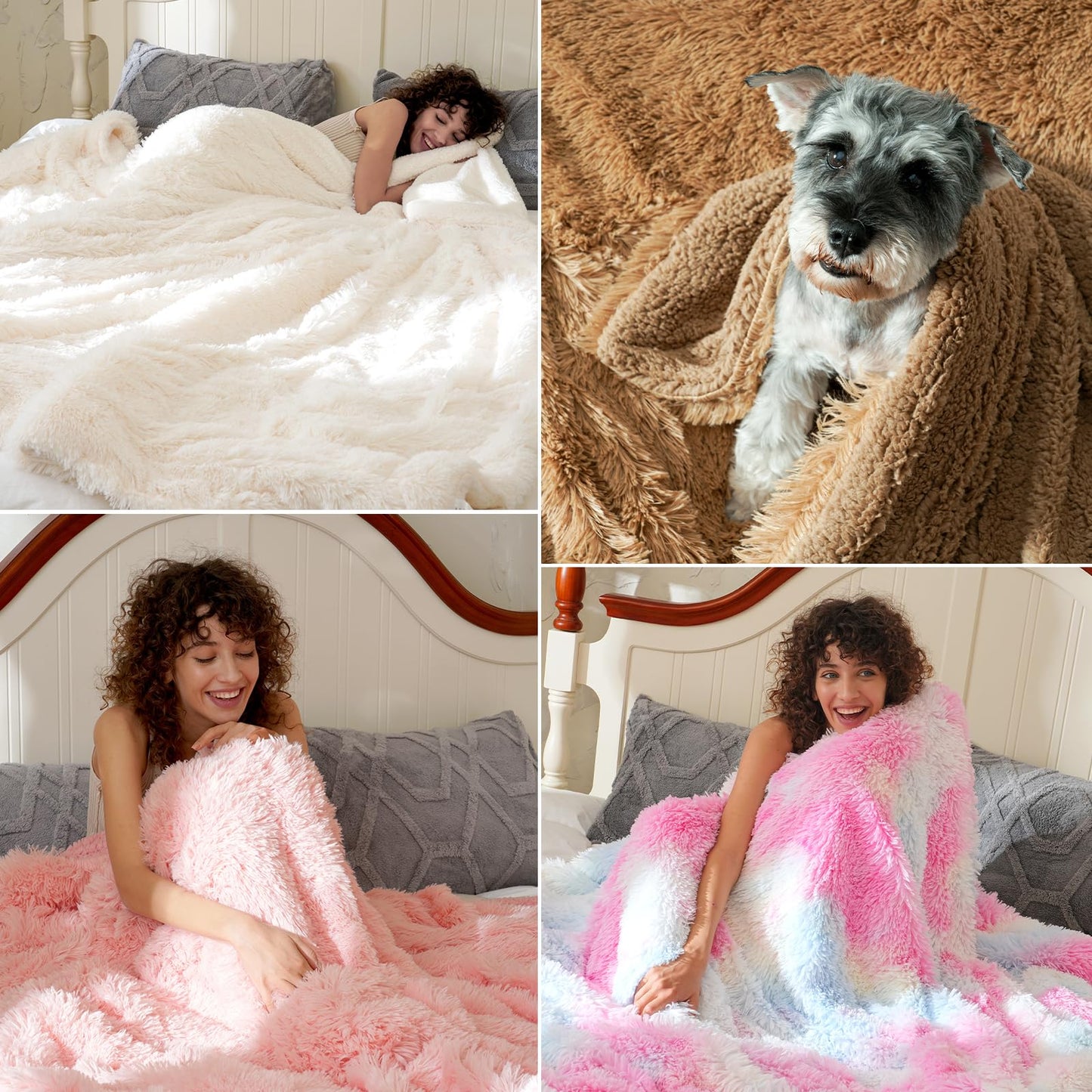 PHF Luxury Fuzzy Faux Fur King Comfy Plush Thick Fluffy Blanket, Warm Soft Shaggy, Elegant Furry Throw for Home Decor, Bed, Couch, Chair, Sofa, Black, 108" x 90"