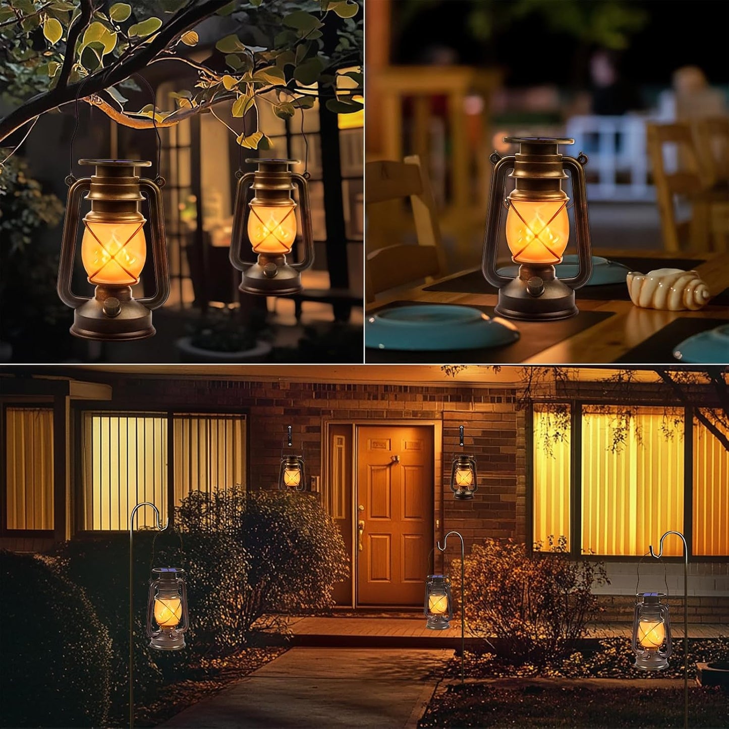 Wondrastical Solar Lanterns - Waterproof Flickering Flame LED Lights | 2 Pack Vintage Bronze for Outdoor Use