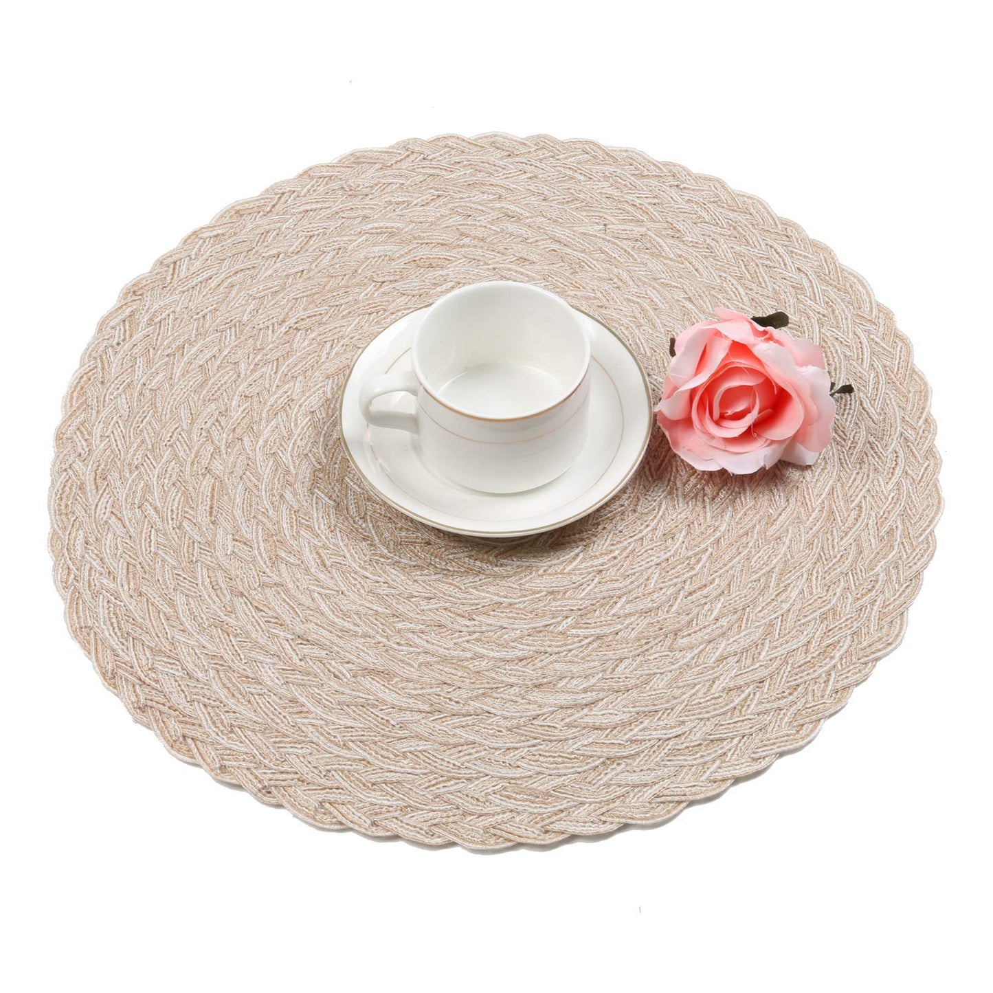 SHACOS Round Braided Placemats 15 inch Set of 4 Boho Woven Washable Kitchen Table Placemats for Home Wedding Party (T-Beige, 4)