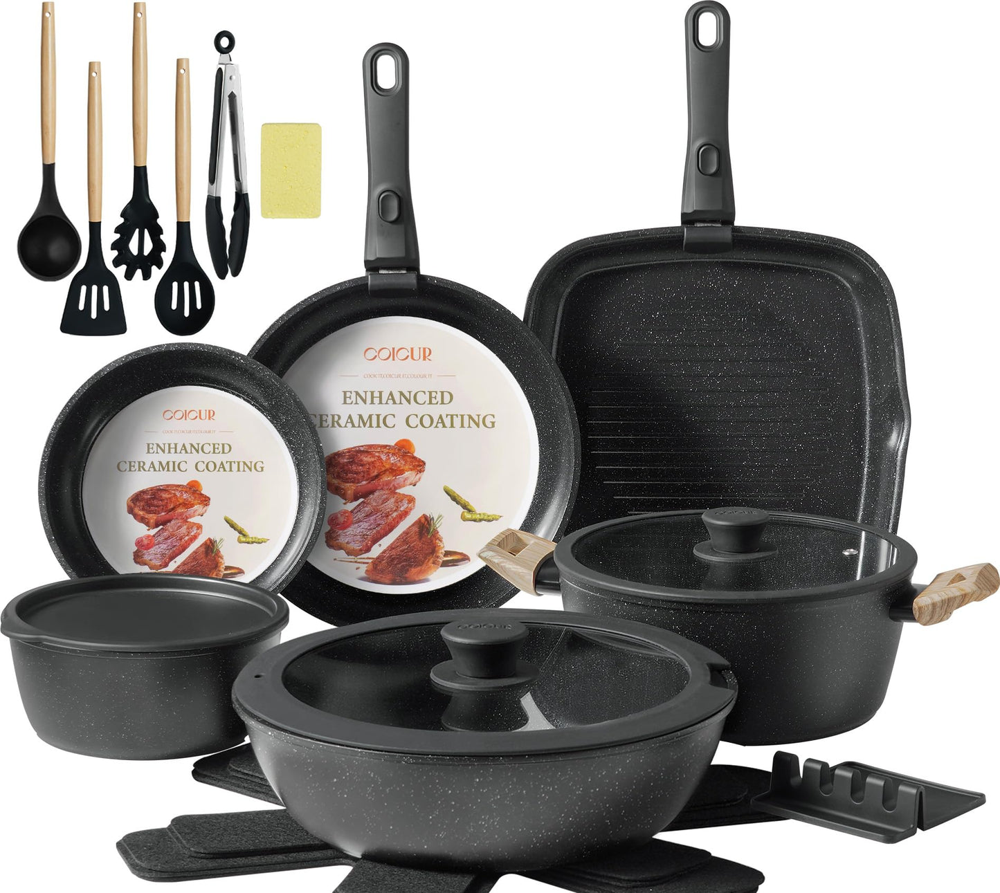 23Pcs Ceramic Cookware Set Non Stick Pots and Pans Set Non Toxic with Detachable Handle Induction Kitchen Cookware Set Space Saving, Oven & Dishwasher Safe, Black