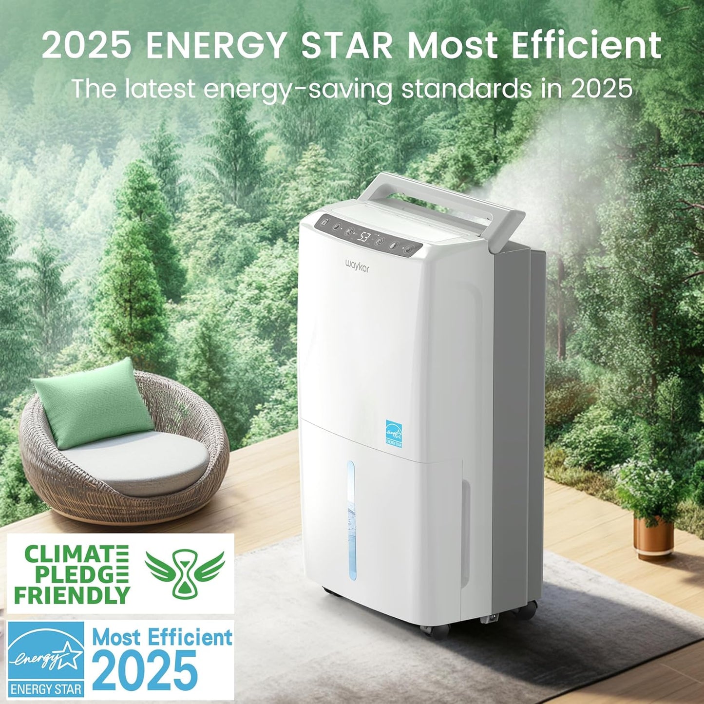 Waykar Dehumidifier - Energy Star 2000 Sq. Ft, 34 Pints, Quiet 33dB, Auto/Manual Drainage, 0.62 Gallon Tank