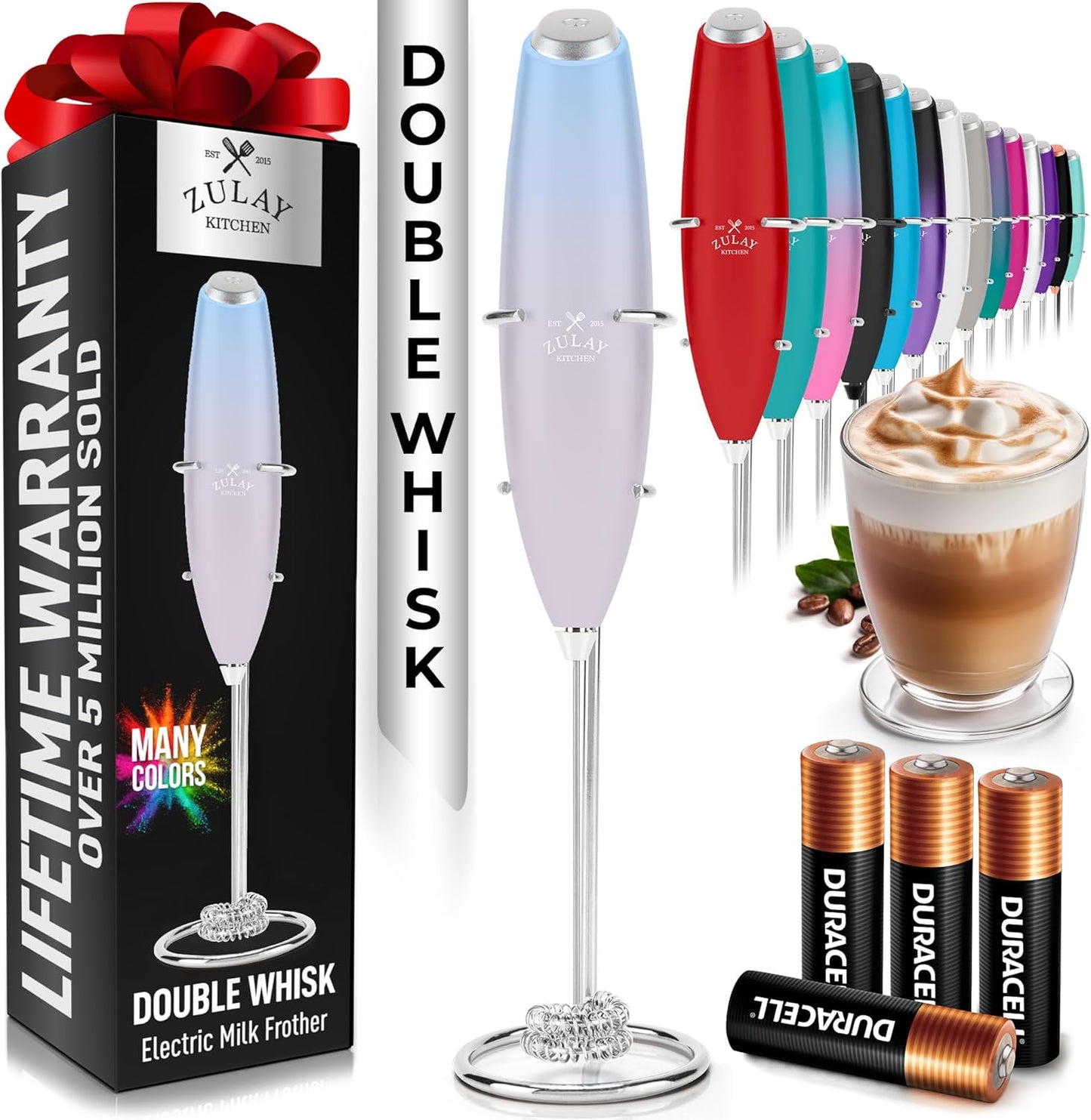 Zulay Kitchen Milk Frother - Powerful Handheld Whisk for Coffee, Lattes & Hot Chocolate | Includes 4 Duracell Batteries