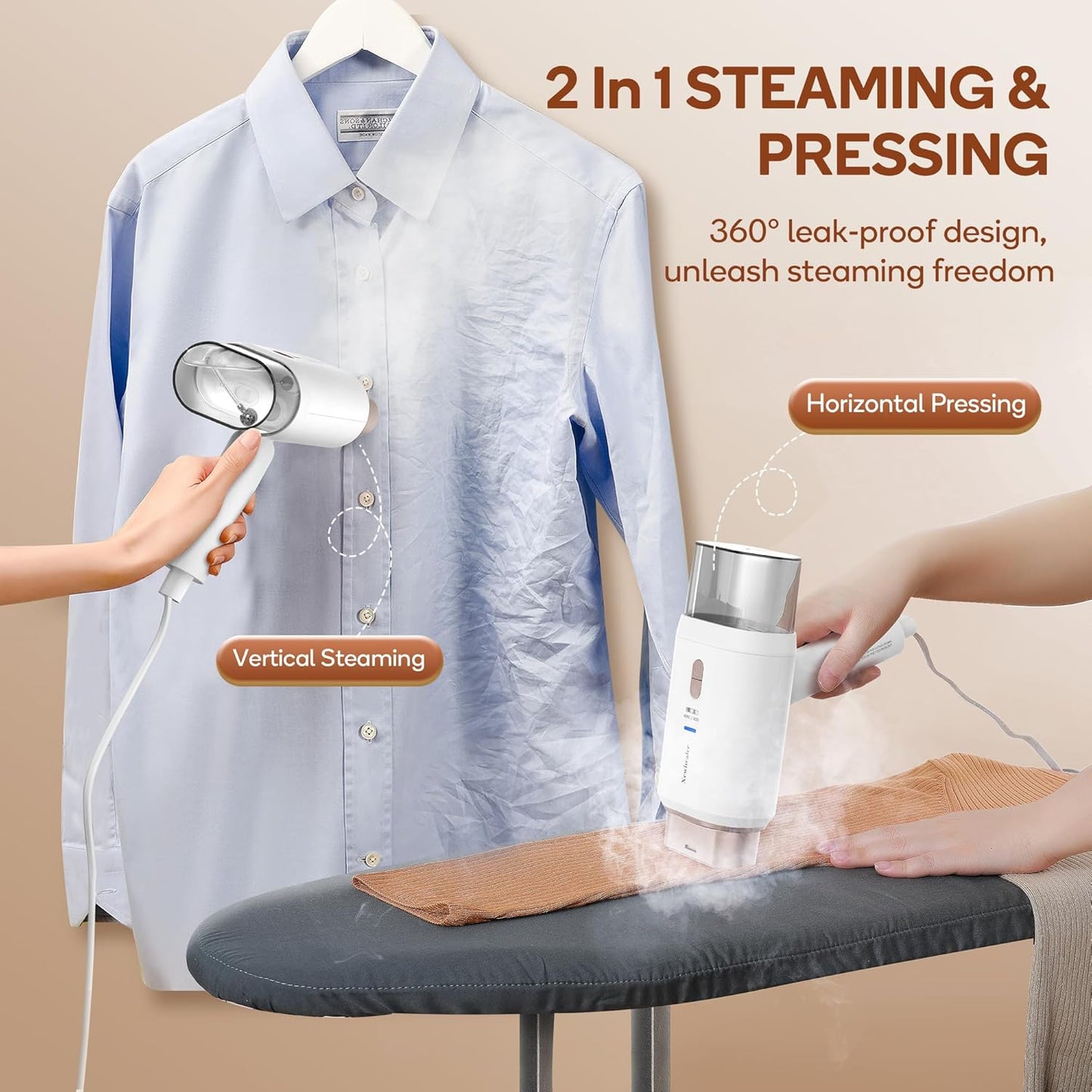 Newbealer Professional Travel Steamer - 1200W Dual Voltage, Fast 20s Heat Up, Foldable & Lightweight (Gold)