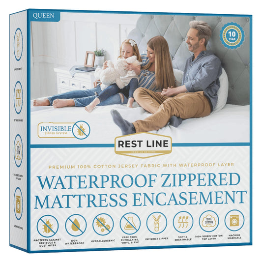 Queen Size 60x80” Premium Waterproof Zippered Mattress Encasement, 100% Cotton, Hypoallergenic, Six Sided Mattress Cover, Invisible Zippered, Soft Breathable up to 15" Deep - Rest Line