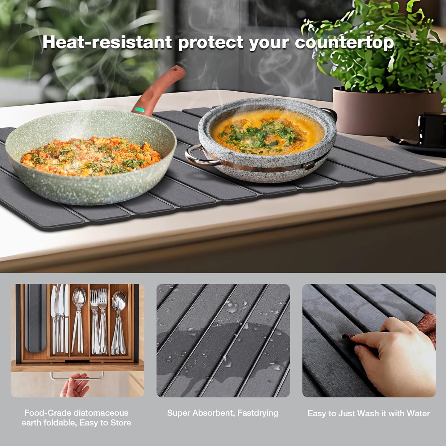 Large Diatomite Kitchen Counter Drying Mat - Quick-Drying & Space-Saving 24”x16” Aesthetic Stone Mat for Dishes