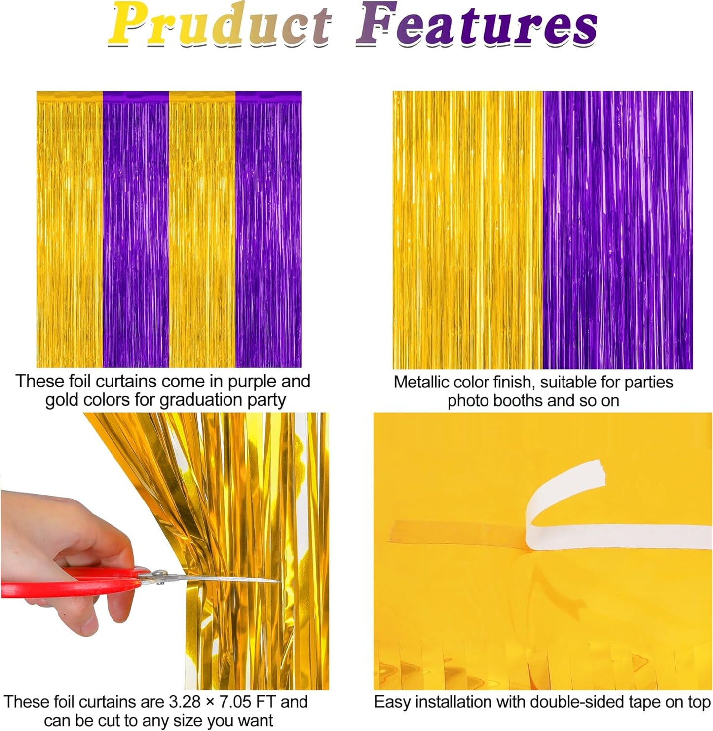 Regine Switzerland Graduation Backdrop - 2 Pack Metallic Purple & Gold Foil Fringe Curtains | 3.28 FT x 7.05 FT Class of 2026 Decor