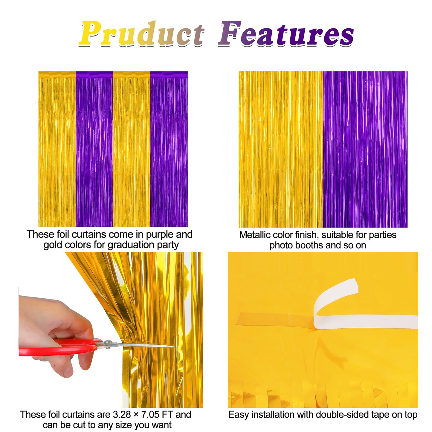 2 Pack Graduation Backdrop, 3.28 FT x 7.05 FT Grad Party Decorations 2026, Purple Gold Backdrop Foil Fringe Curtains, Metallic Purple and Gold Graduation Decorations Class of 2026 Decor