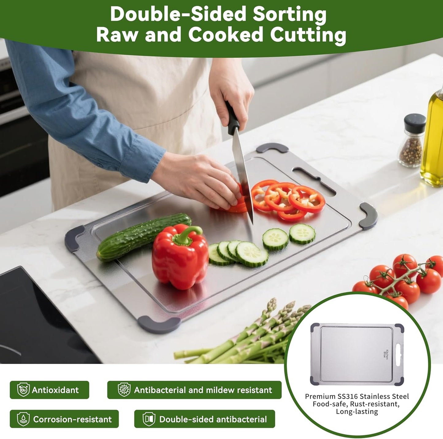 Premium 316 Stainless Steel Cutting Board - Non-Toxic Food Grade | 14" x 9.6" Dishwasher Safe with Grooves for Meat, Veggies & Fruit