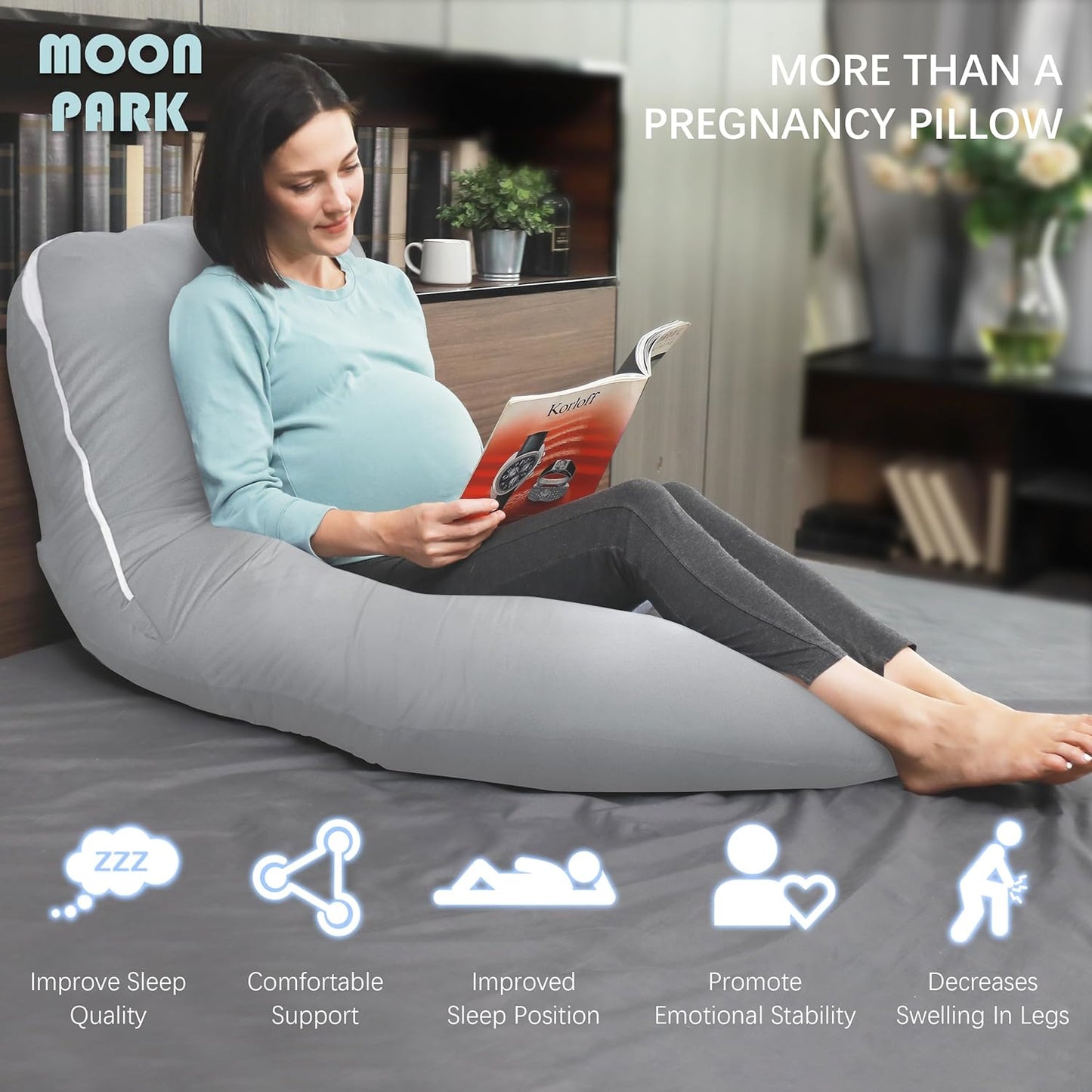 MOON PARK U-Shaped Pregnancy Pillow - Full Body Maternity Support for Back, Legs & Belly - 57 Inch - Light Grey