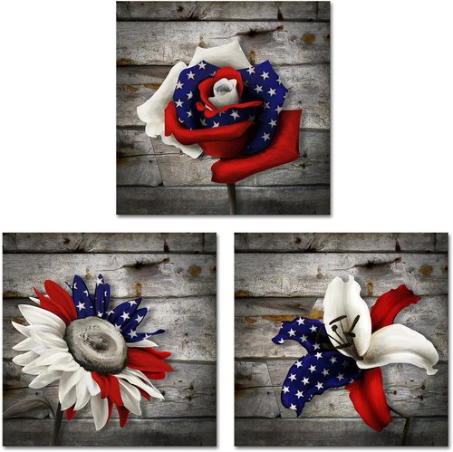 DuoBaorom Wall Art Set - Patriotic Blue Rose & Sunflower Canvas Prints | 12 x 12 Inches (3 Pieces)
