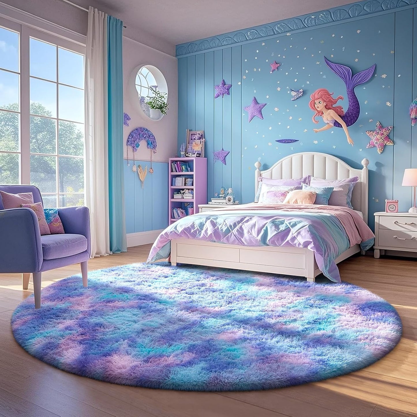 Ophanie Round Area Rug - 5Ft Tie-Dye Rainbow Purple | Fluffy Soft Shaggy Carpet for Kids' Rooms
