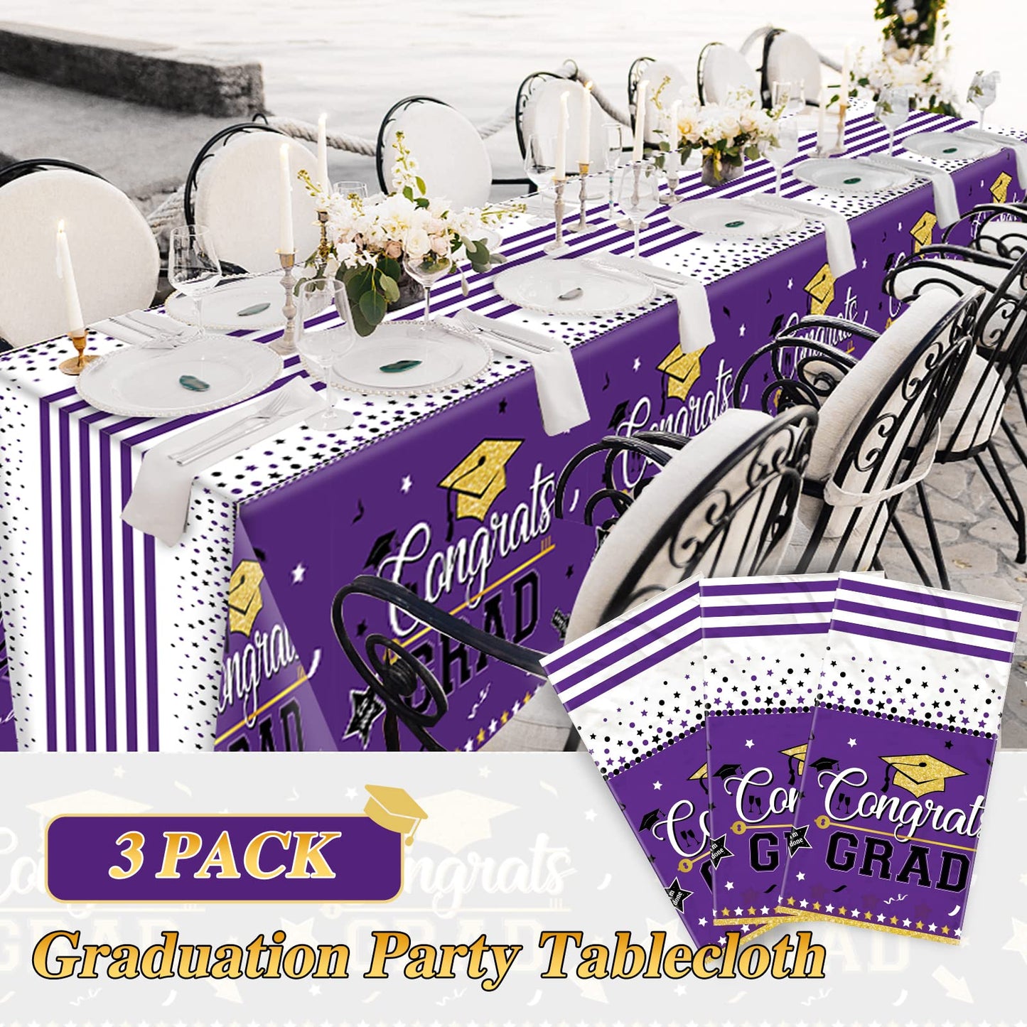 Graduation Tablecloth Party Decorations, 3 Pack Class of 2026 Congrats Grad Purple Graduation Party Tablecover Rectangle Plastic Table Cloth Disposable Table Covers Party Supplies, Large Size 54"x108"