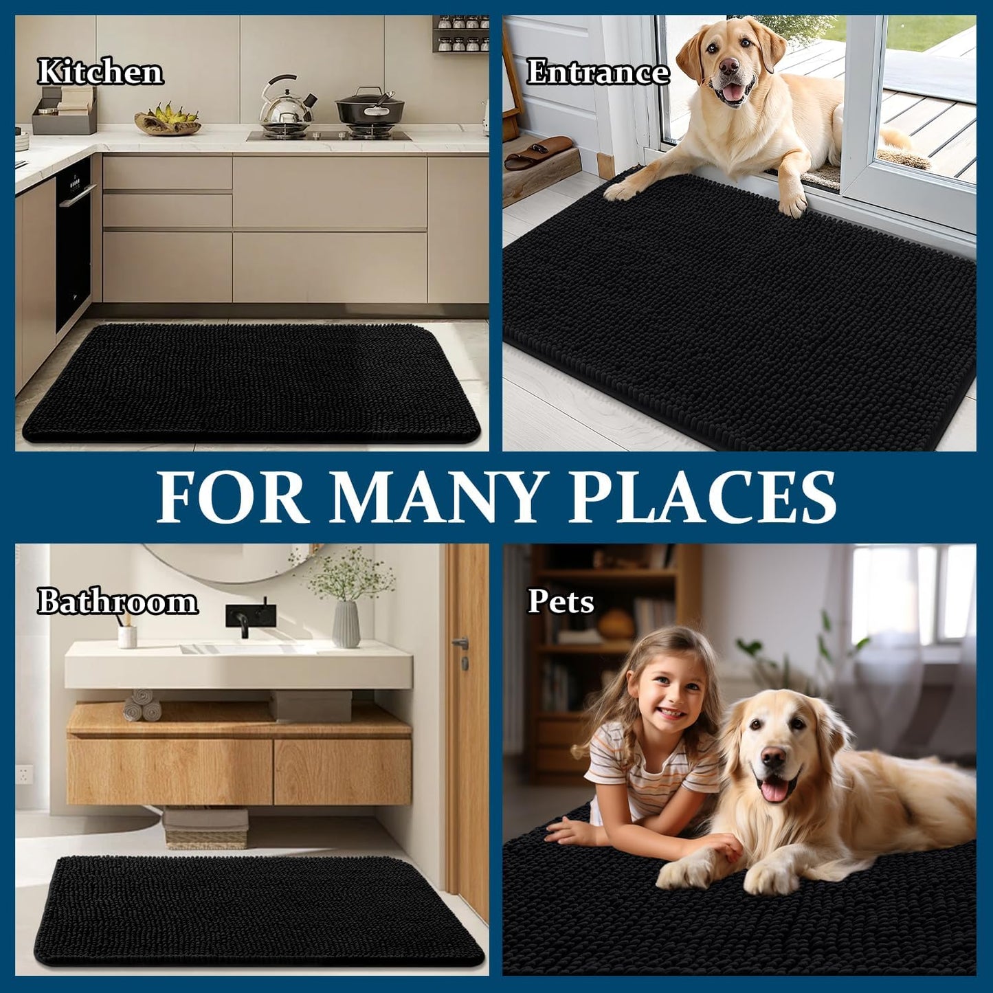 OLANLY Dog Door Mat - Absorbent Non-Slip Mud Mat for Indoor Use | 40x24 Inches, Quick Dry Chenille, Black