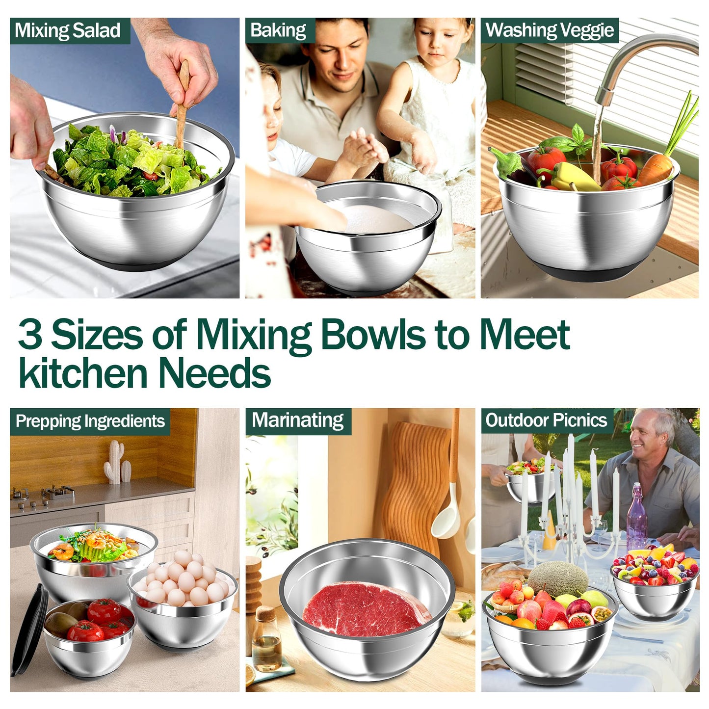 Nicdiet Mixing Bowls with Airtight Lids, Stainless Steel Mixing Bowl Set with 3 Metal Nesting Bowls, Colander & Grater, Non-Slip Bottoms, Size 1.5, 2.5, 5 QT, Great for Mixing & Serving, Black