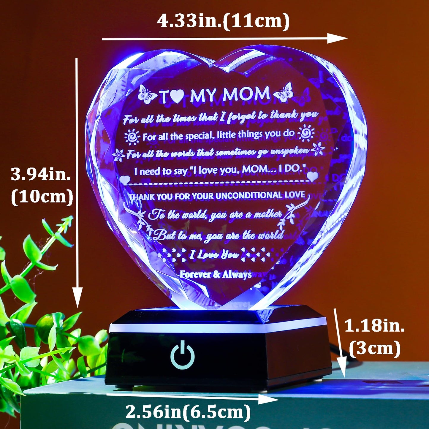 YWHL Gifts for Mom from Daughter Son, Birthday Gifts for Mom Who has Everything, To My Mom Gifts for Mother's Day Crystal Heart Keepsake with LED Base, Present for Mother on Christmas Valentine's Day