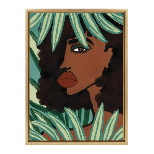 Kate and Laurel Sylvie Lady in The Jungle Framed Canvas Wall Art by Kendra Dandy of Bouffants and Broken Hearts, 18x24 Gold, Beautiful Abstract Art for Wall